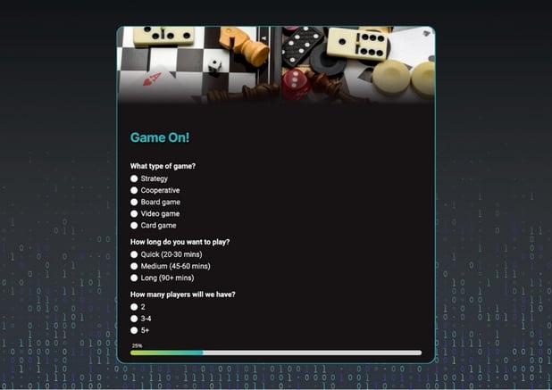 Dynamic form step titled “Game On!” presenting questions about game type, duration, and number of players, with selectable options, a progress bar, and navigation controls, illustrating a customized multi-step form experience.