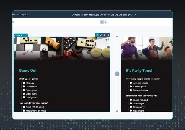Screenshot of HubSpot’s dynamic form editor showing multiple steps displayed side by side. Each “window” represents a step in the form-building process, allowing users to view and edit steps like “Game On!” and “It’s Party Time!” in a single layout as they build the form.
