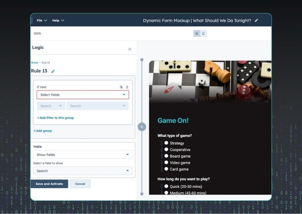 Screenshot of HubSpot’s form logic builder showing a rule being created with “if” and “then” conditions. The interface allows users to direct form flow based on responses, such as skipping steps or showing specific fields depending on how a question is answered.
