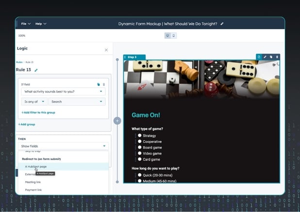 Screenshot of HubSpot’s form logic builder showing a specific rule with “if” conditions and “then” actions alongside a live preview of the form step. This view helps test and confirm that each response correctly routes users to the intended next step.