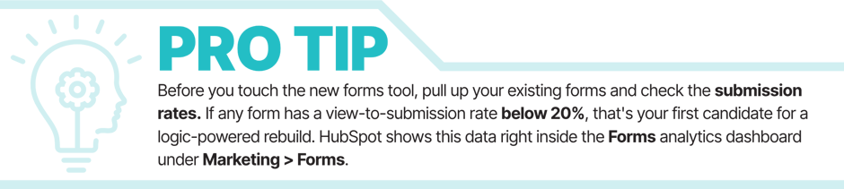 ProTip: Pull up your existing forms and check the submission rates. If any form has a view-to-submission rate below 20%, that's your first candidate for a logic-powered rebuild. HubSpot shows this data right inside the Forms analytics dashboard under Marketing > Forms.