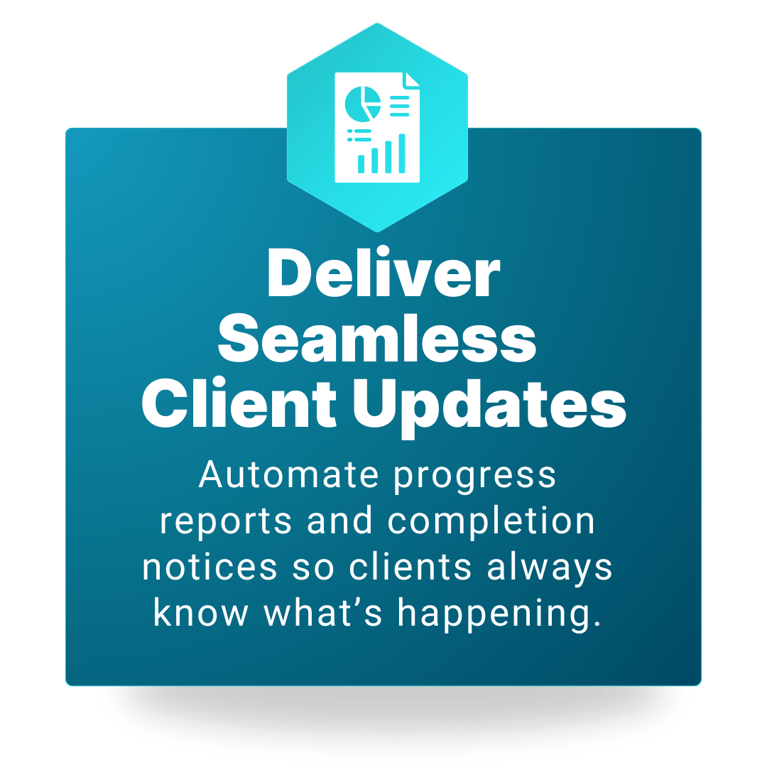 Deliver Seamless Client Updates - Automate progress reports and completion notices so clients always know what's happening.